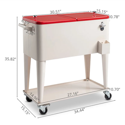 80 QT Rectangular Rolling Cooler Cart with Wheels, Portable Ice Chest with Bottle Opener and Storage Shelf, Outdoor Beverage Cart Ice Chest Cart for Patio Party, Picnic, BBQ, Camping, Red &White