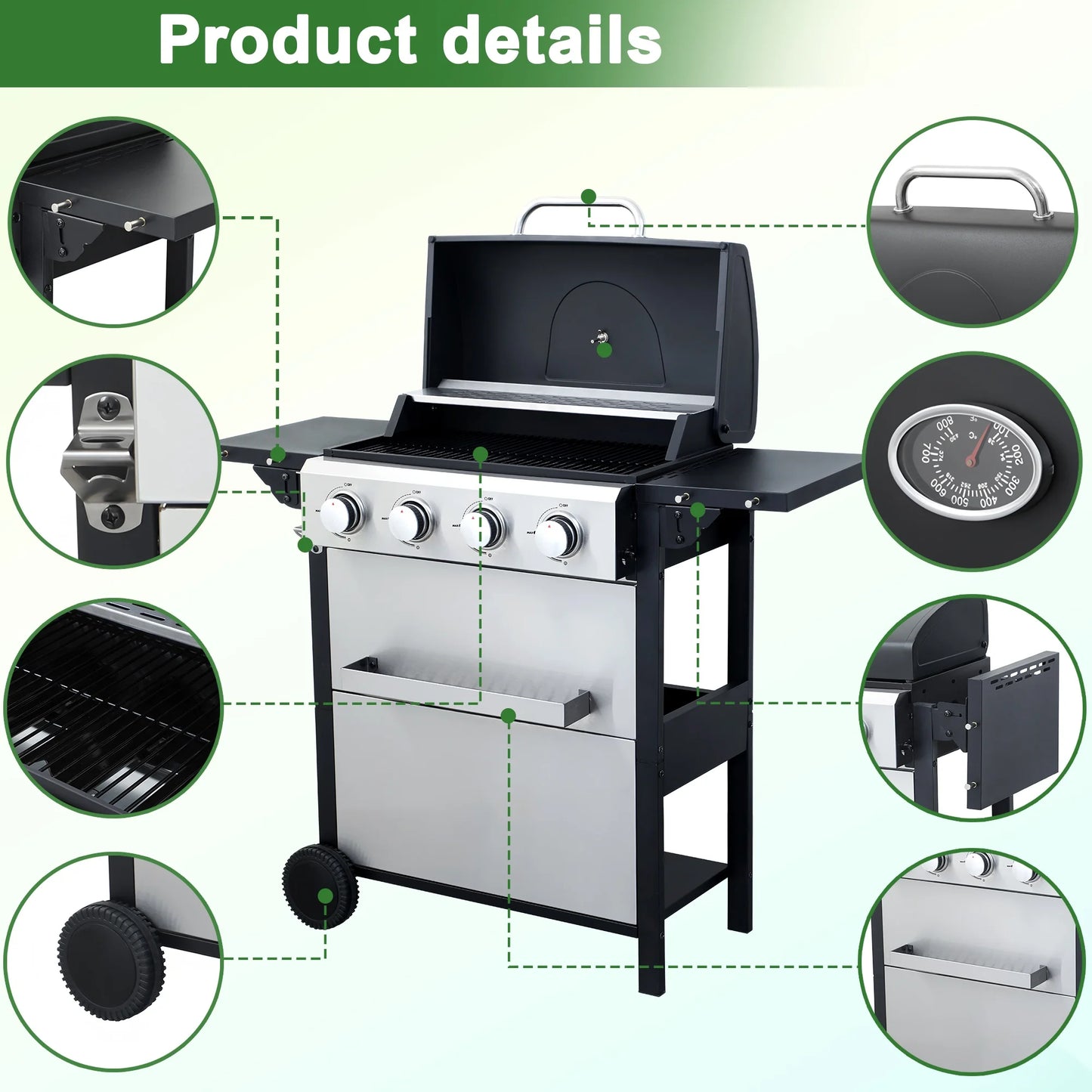 BBQ Grill, Seizeen Gas Grill with Side Burner, 40,000BTU 3-Burner Propane Grill w/Storage Cabinet, Steel Brush, Stainless Steel Camping for Backyard Patio, Portable Design on Wheels