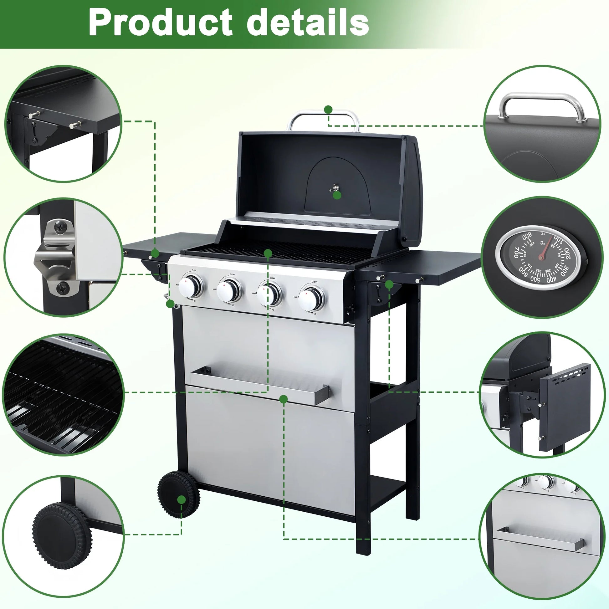 BBQ Grill, Seizeen Gas Grill with Side Burner, 40,000BTU 3-Burner Propane Grill w/Storage Cabinet, Steel Brush, Stainless Steel Camping for Backyard Patio, Portable Design on Wheels