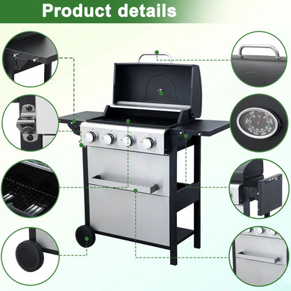 BBQ Grill, Seizeen Gas Grill with Side Burner, 40,000BTU 3-Burner Propane Grill w/Storage Cabinet, Steel Brush, Stainless Steel Camping for Backyard Patio, Portable Design on Wheels