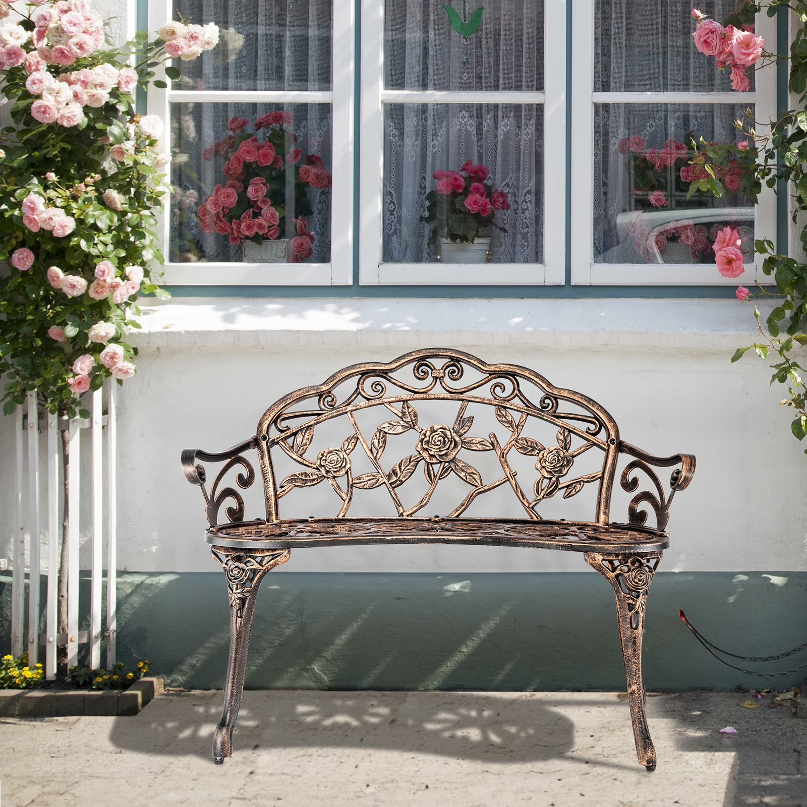 Ktaxon Outdoor Patio Park Garden Bench Courtyard Leisure Rose Cast Aluminum, Outdoor Loveset, Bronze