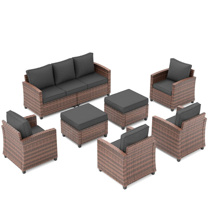 POTEBAN Patio Furniture Set, 7 Pieces Outdoor Sectional Sofa Couch with Chairs, Ottomans and Comfy Cushions, All Weather Wicker Rattan Patio Conversation Set for Garden Backyard Dark Grey