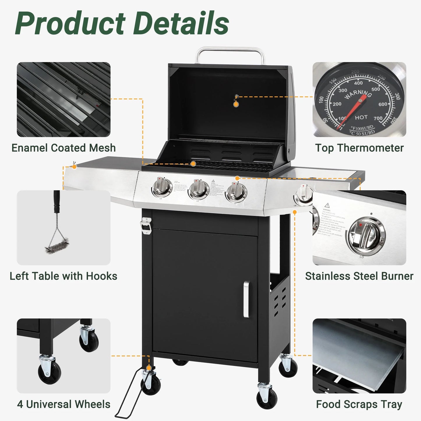 40000 BTU Propane Gas Grill, 3 Burner Barbecue Grill with Side Burner, Built-in Thermometer and 2-in-1 Side Table, Portable Stainless Steel Grill for Outdoor BBQ, Camping, Patio