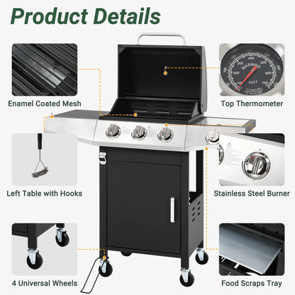 40000 BTU Propane Gas Grill, 3 Burner Barbecue Grill with Side Burner, Built-in Thermometer and 2-in-1 Side Table, Portable Stainless Steel Grill for Outdoor BBQ, Camping, Patio