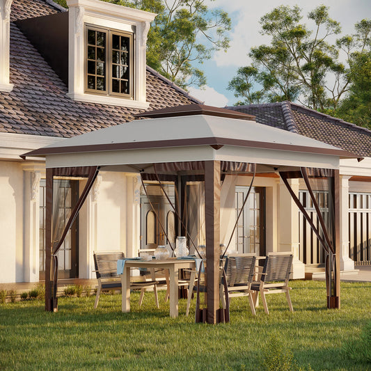 12' X 12' Pop Up Canopy Tent with Netting and Carry Bag,Double Canopy, Instant Sun Shelter with 137 Sq.ft Shade, Tents for Parties, Height Adjustable, for Outdoor, Garden, Patio, Beige and Brown