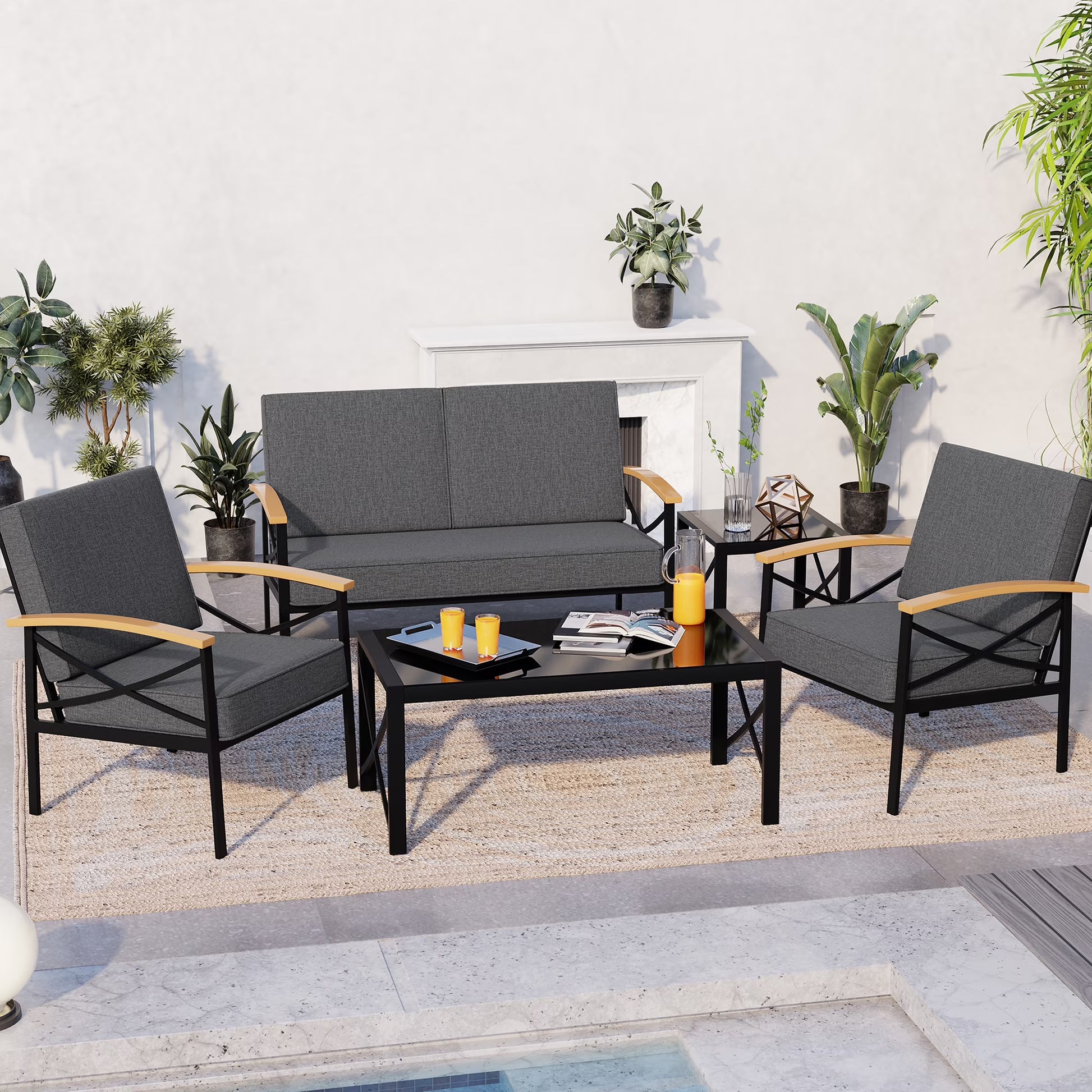 Walsunny Metal Outdoor Patio Furniture Sectional Set 2 Piece, Modern Outdoor Metal Loveseat Sofa Conversation Furniture Set