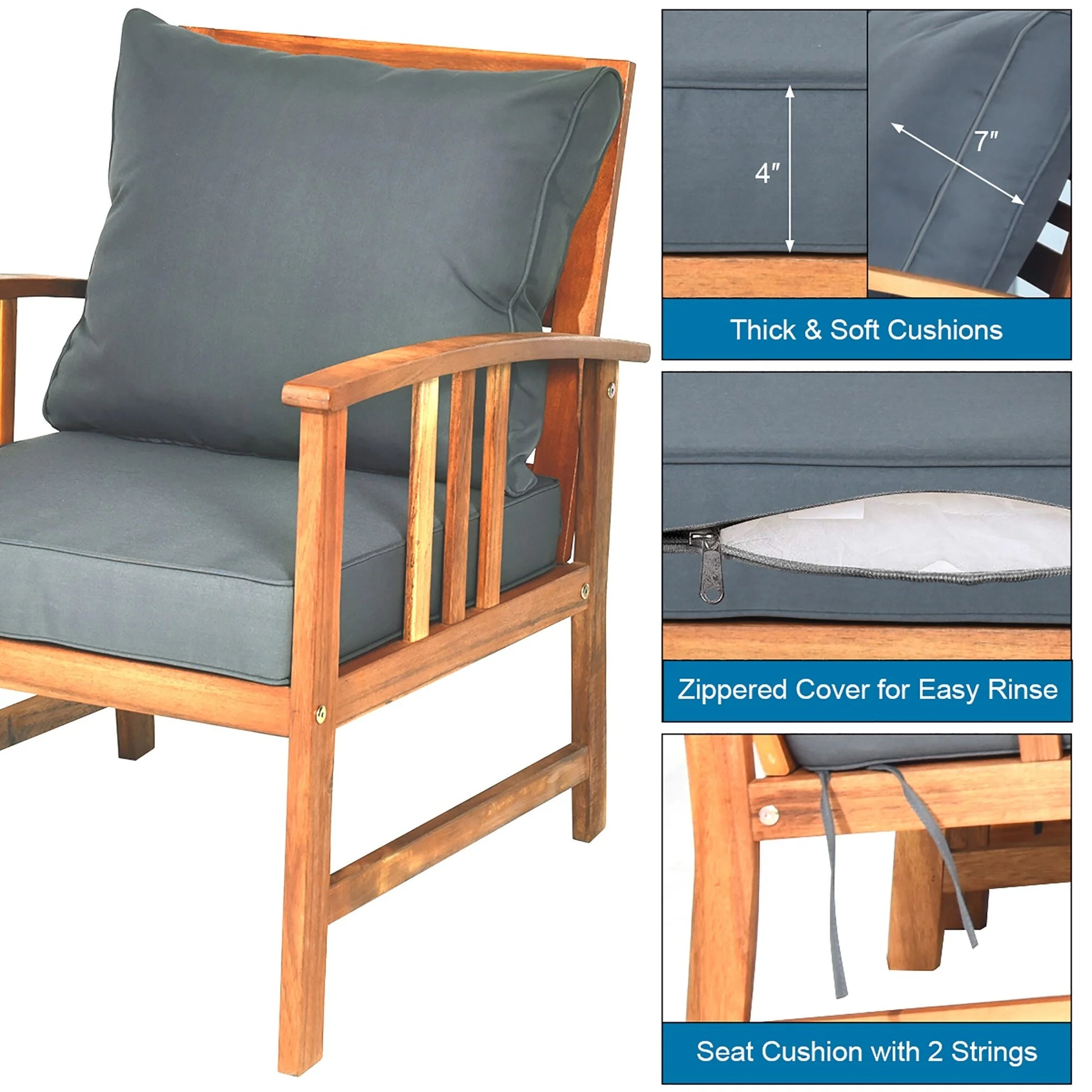 4 PCS Wooden Patio Furniture Set Outdoor Seating Chat Set Grey