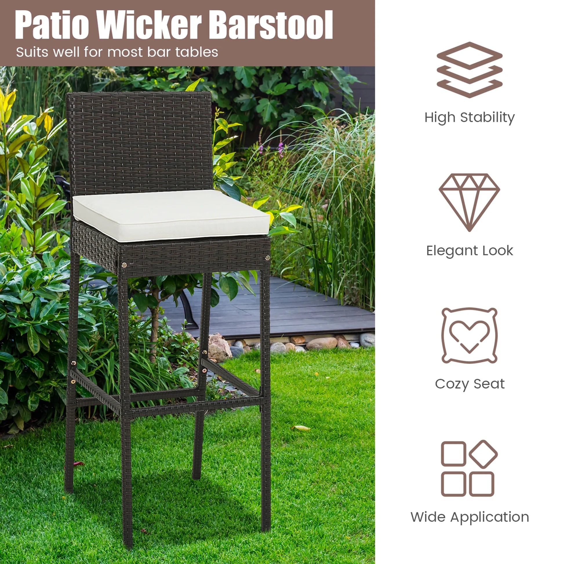 Costway 4 PCS Patio Wicker Barstools Bar Height Chairs with Cushions Backyard Off White