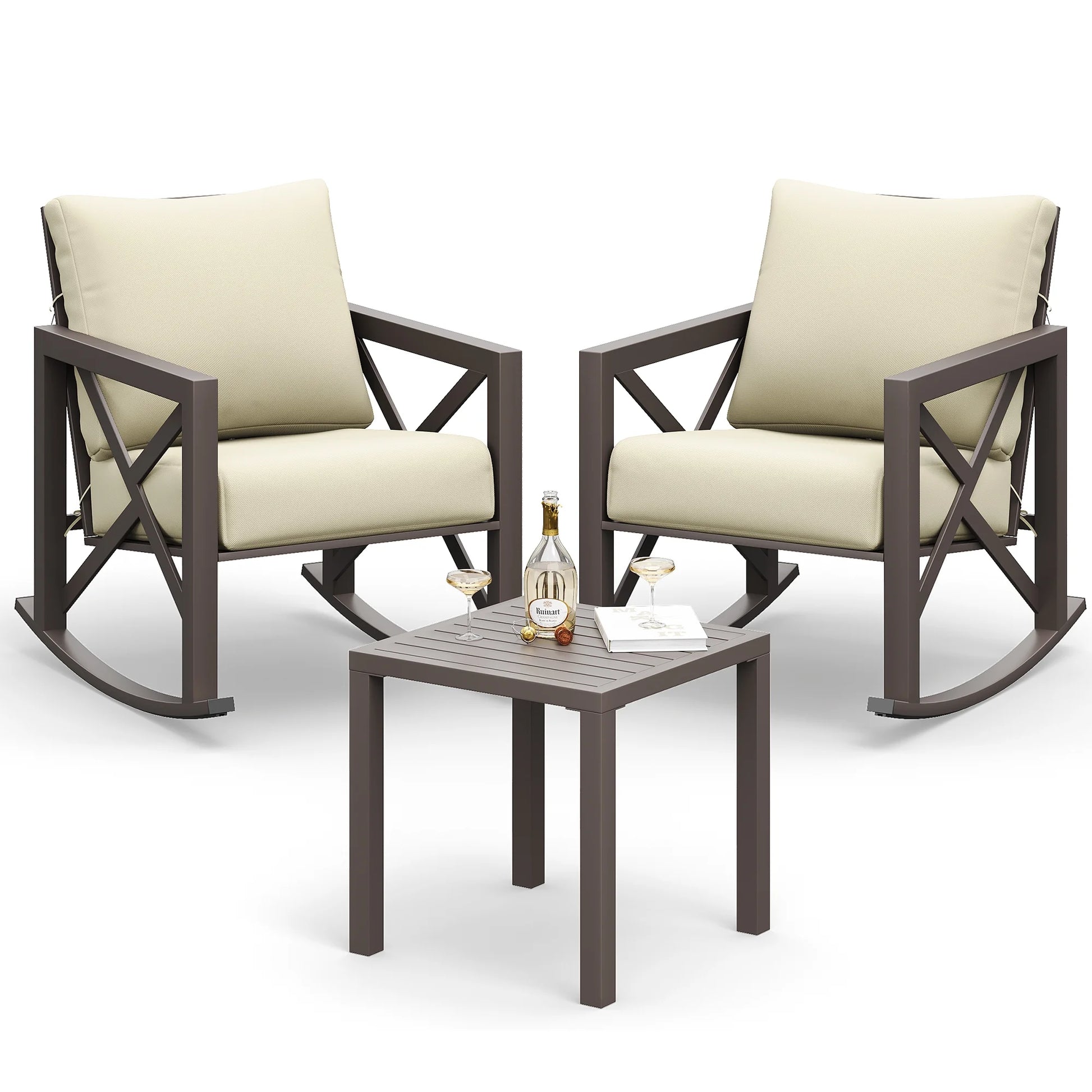 MRUAKA Rocking Chair Bistro Set,3 Piece Outdoor Patio Furniture Set with 2 Rockers and 1 Metal Coffee Table with Thick Cushions for Porch,Backyard,Poolside,Beige