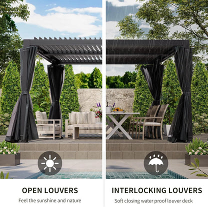 GAZEBETER 10' x 20' Louvered Pergola, Outdoor Aluminium Pergola with Adjustable Roof, Curtains and Netting, Hardtop Gazebo for Patio, Deck, Garden, Yard, Beach, White