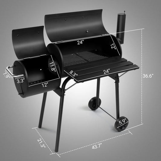 Qiushi Outdoor BBQ Charcoal Grill, Portable Camping Grill for 6-10 People with Offset Smoker & Wheels for Patio Backyard Picnic
