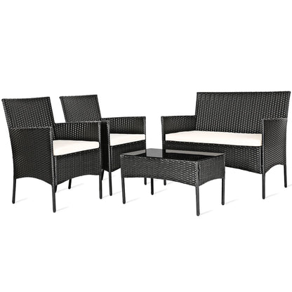 Gymax 4PCS Patio Rattan Conversation Set Outdoor Furniture Set w/Cushion