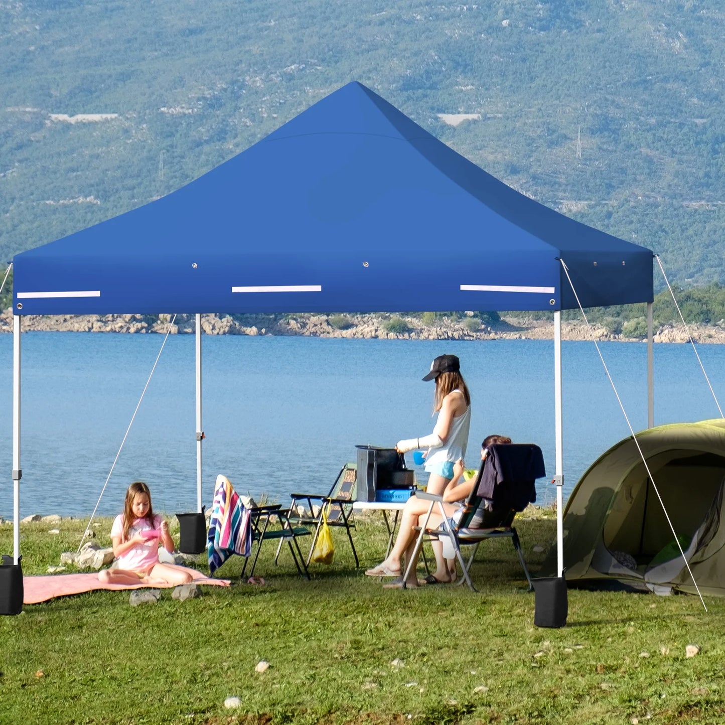 Patiojoy 10x10ft Pop up Tent, 4 Height Adjustment Folding Camping Tent with Awning Blue