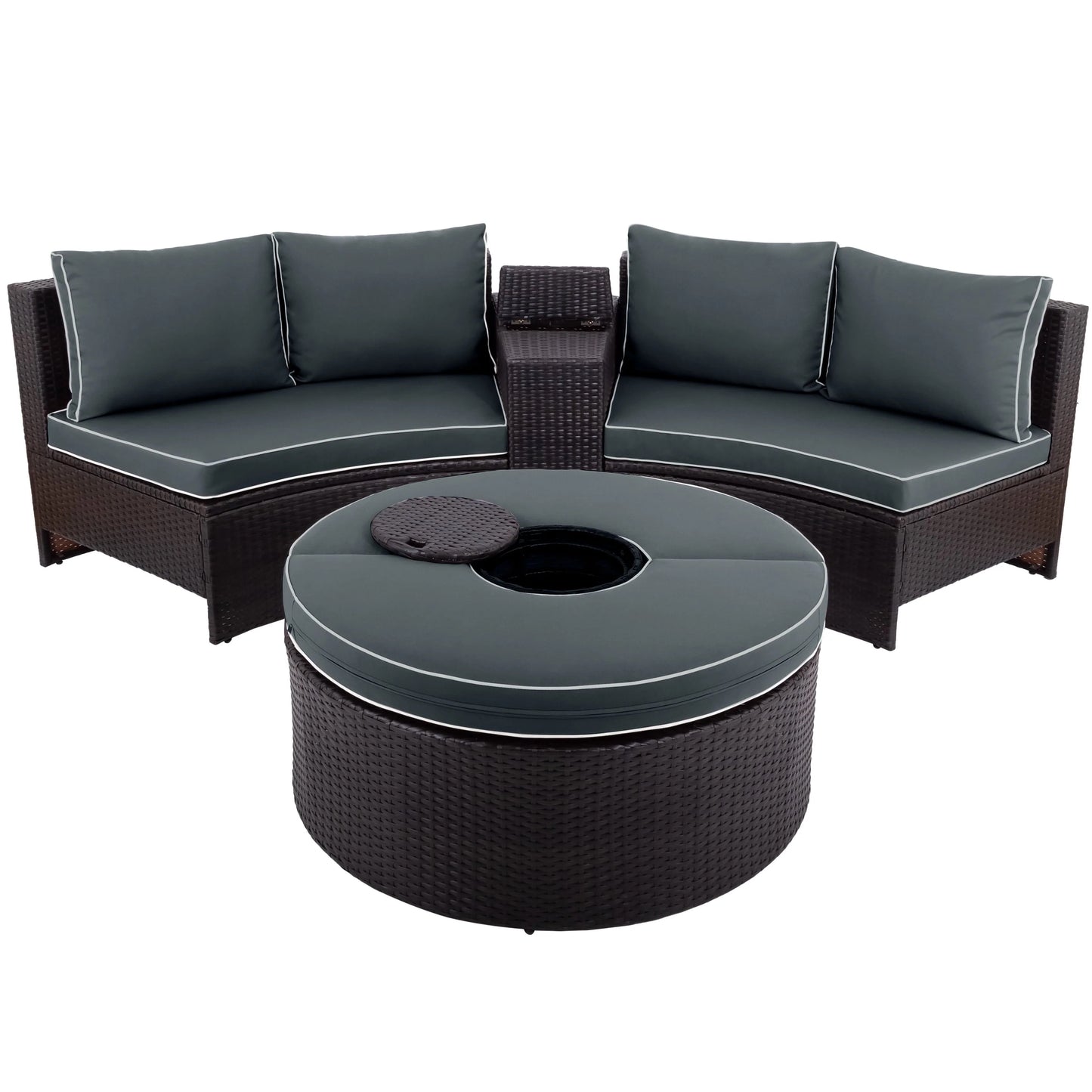 BTMWAY 6 Piece Outdoor Patio Sofa Furniture Set, BTMWAY PE Wicker Half Moon Outdoor Sectional Sofa Set with Side Table for Umbrella, Multifunctional Round Table, Gray Cushions, Pillows, Brown Rattan