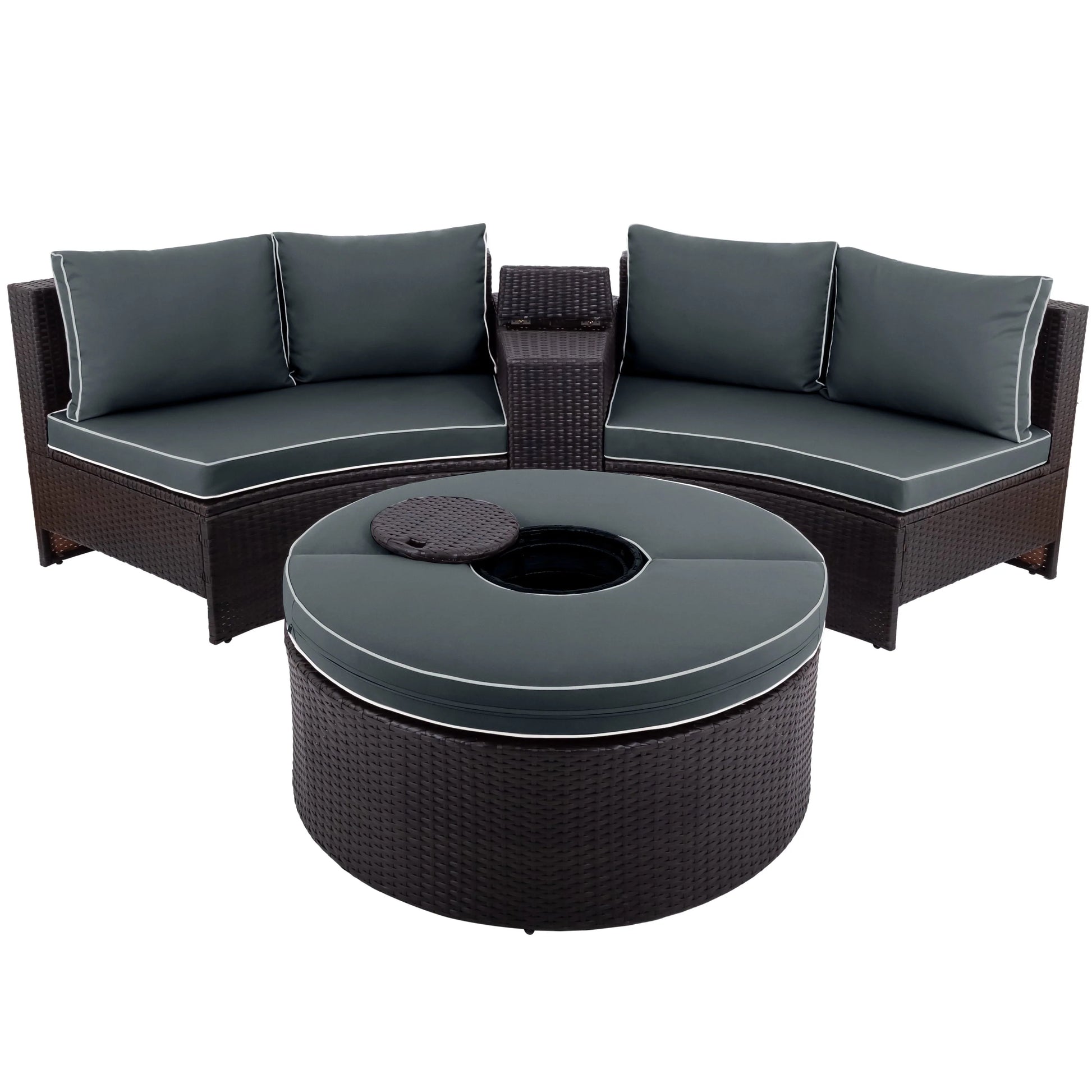 BTMWAY 6 Piece Outdoor Patio Sofa Furniture Set, BTMWAY PE Wicker Half Moon Outdoor Sectional Sofa Set with Side Table for Umbrella, Multifunctional Round Table, Gray Cushions, Pillows, Brown Rattan