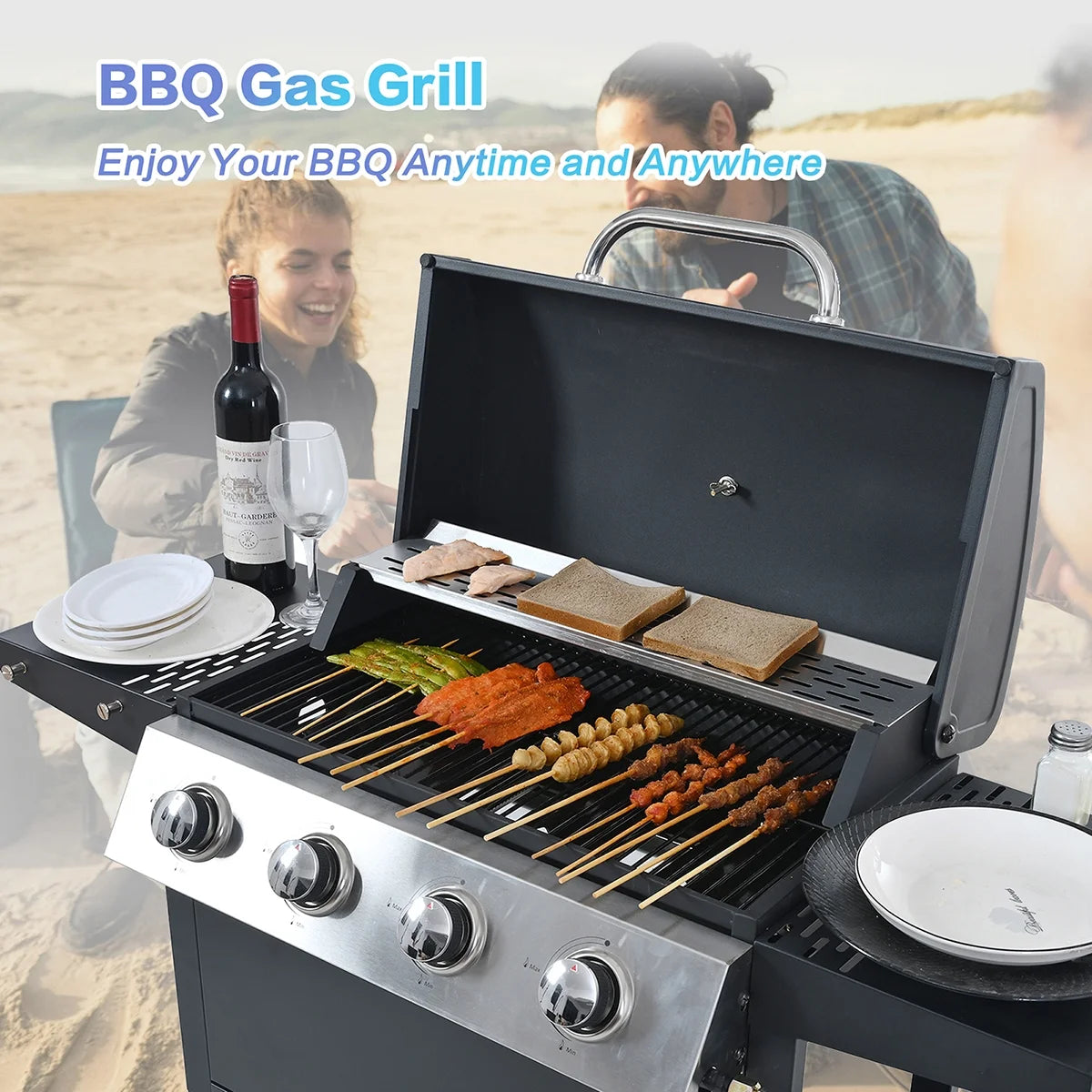 Propane Gas 4 Burner Barbecue Grill, Stainless Steel 34,000 BTU Patio Garden Barbecue Grill with Two Shelves, Lid, Wheels and Bottle Opener