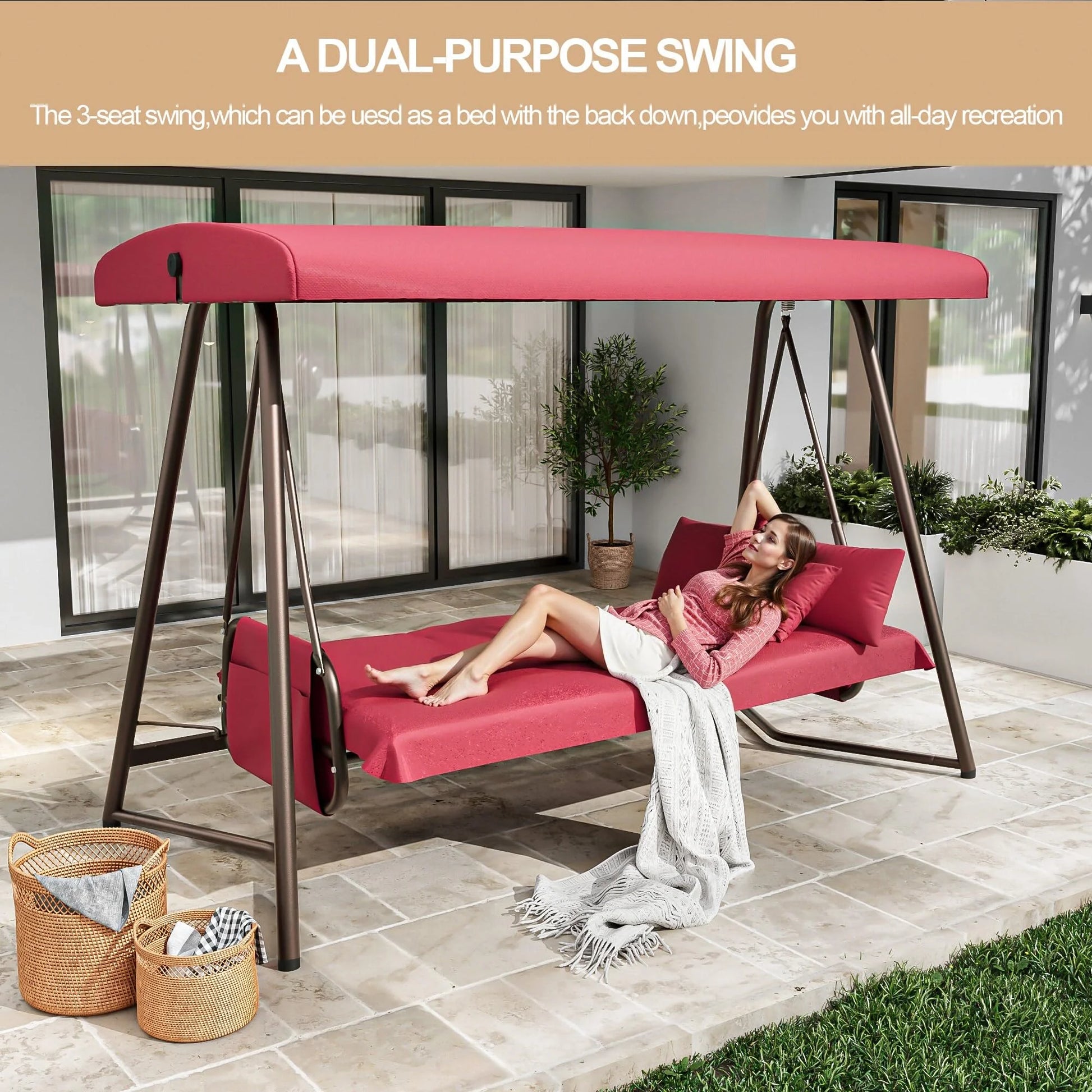 TQKVIPI Oversized 4 Person Outdoor Porch Swing with Adjustable Backrest Canopy,2-in-1 Swing Bed 800 lbs Capacity,Patio Swing with Removable Cushions for Yard Garden Poolside Balcony