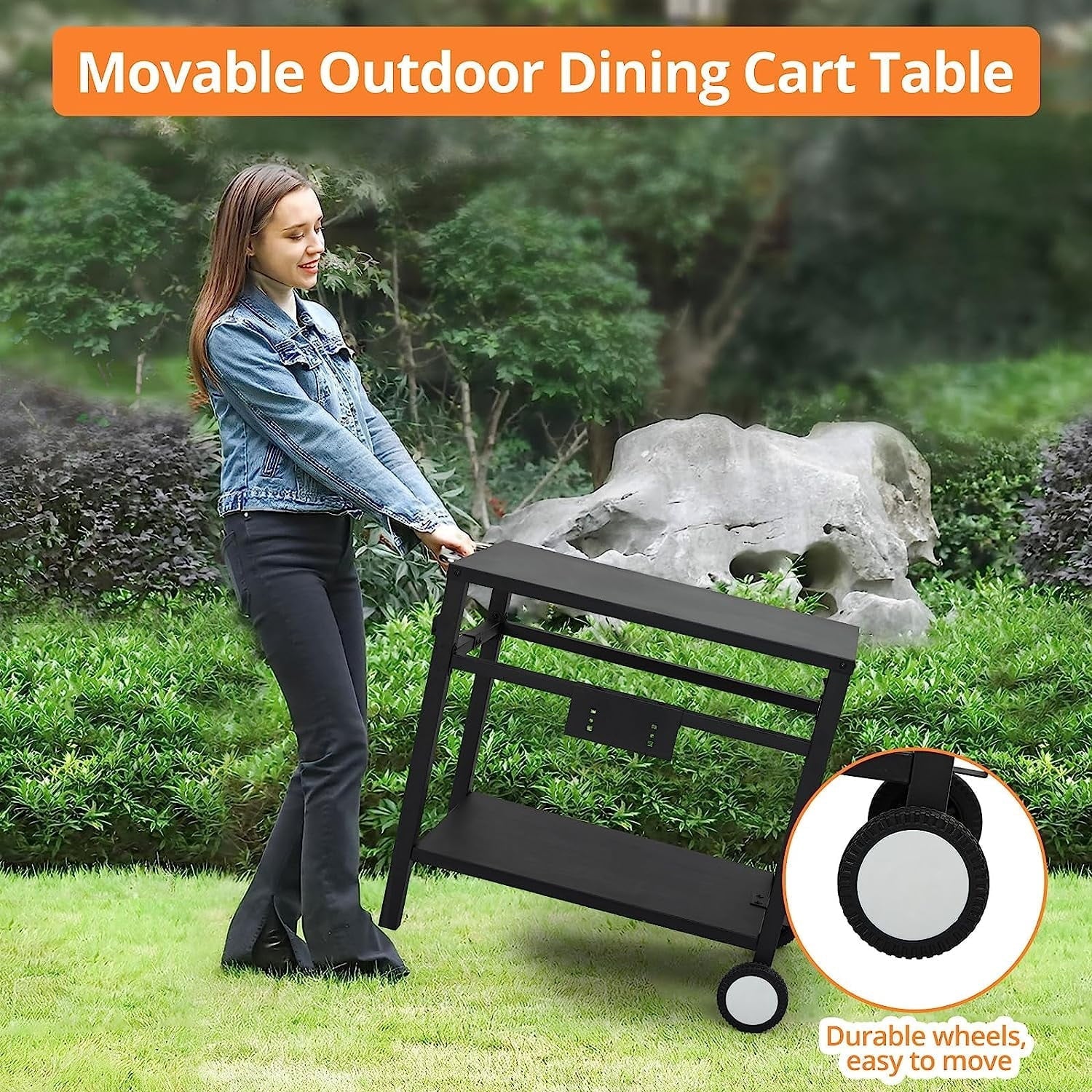 WhizMax Black Grill Cart Pizza Oven Stand, BBQ Prep Table with Wheels & Hooks Outdoor, Side Handle, Double-Shelf Grilling Cart Tabletop Griddle Cooking Station for Bar, Patio, Camping, Home