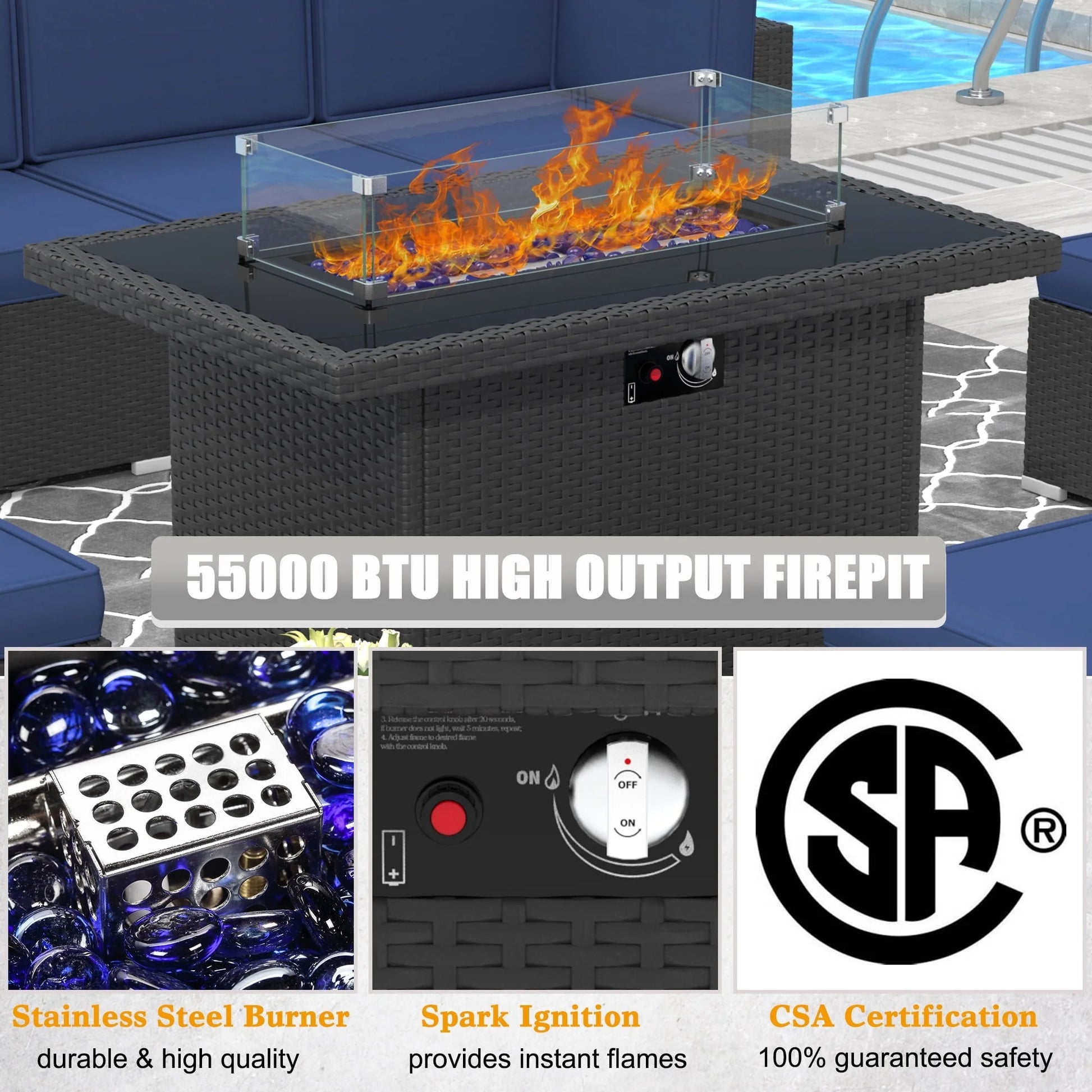 8 Piece Patio Furniture Set with 44" Propane Gas Fire Pit Table, Outdoor Sectional Conversation Set Wicker Rattan Sofa Set with Coffee Table
