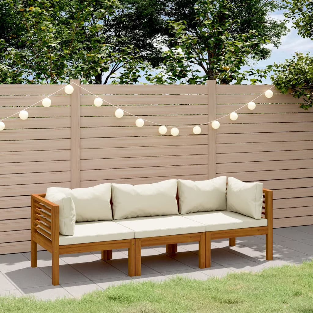vidaXL 3-Seater Patio Sofa with Cream Cushion Solid Acacia Wood