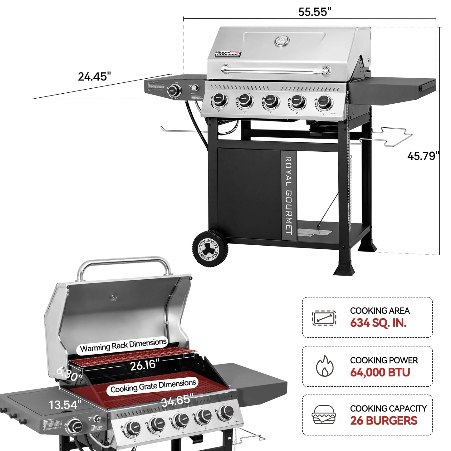 Royal Gourmet GA5406TS 5-Burner Gas Grill with Side Burner and Sear Burner,Cart Style Gas Grill with Side Shelf for Patio Garden Picnic Backyard Cooking, Silver & Black