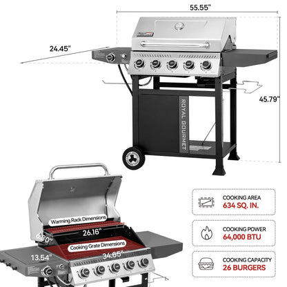 Royal Gourmet GA5406TS 5-Burner Gas Grill with Side Burner and Sear Burner,Cart Style Gas Grill with Side Shelf for Patio Garden Picnic Backyard Cooking, Silver & Black