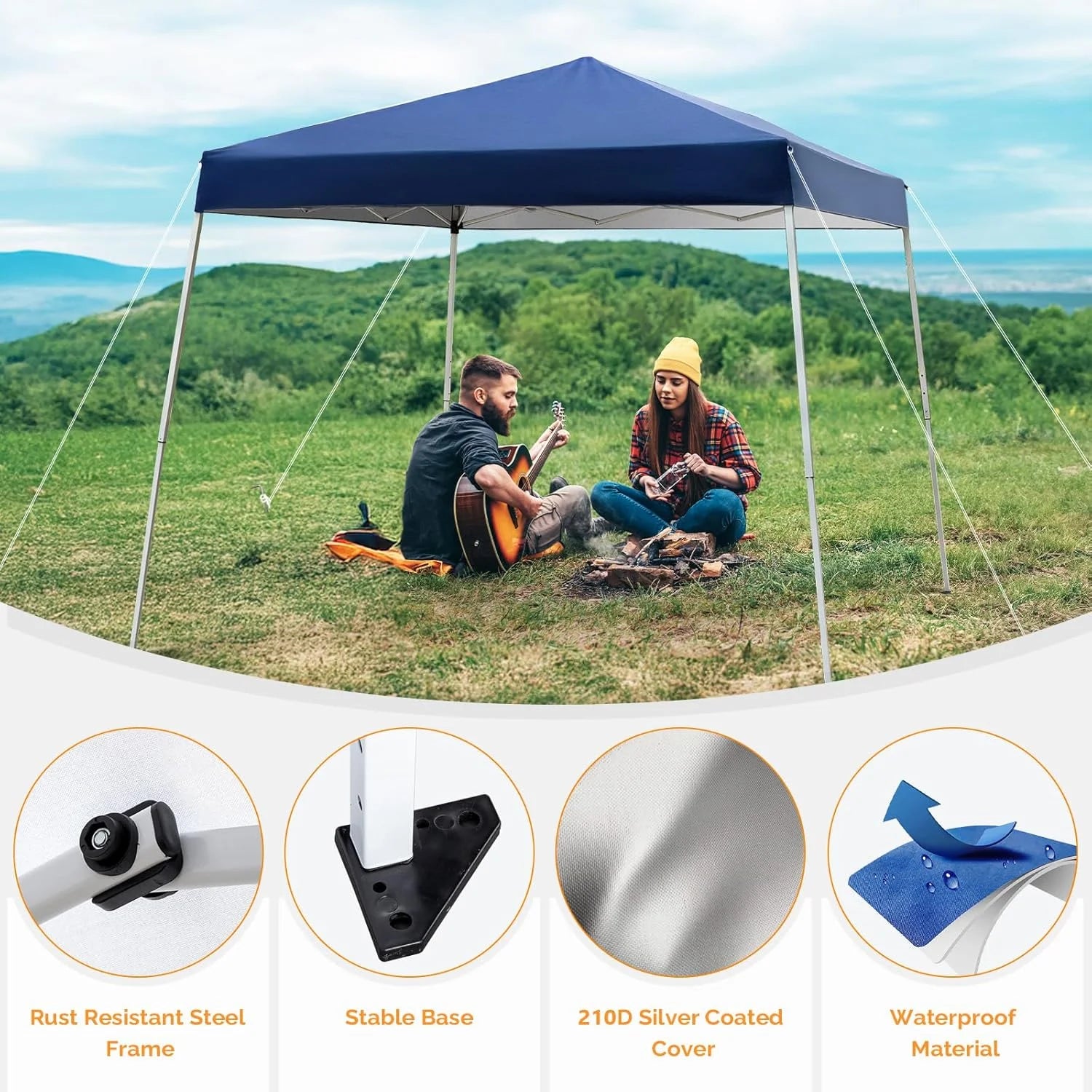 Thunder 6x6 ft Pop Up Canopy Tent, Outdoor Foldable Portable Canopy for Camping, Patio, Easy Up Gazebo with Carry Bag Slant Legs