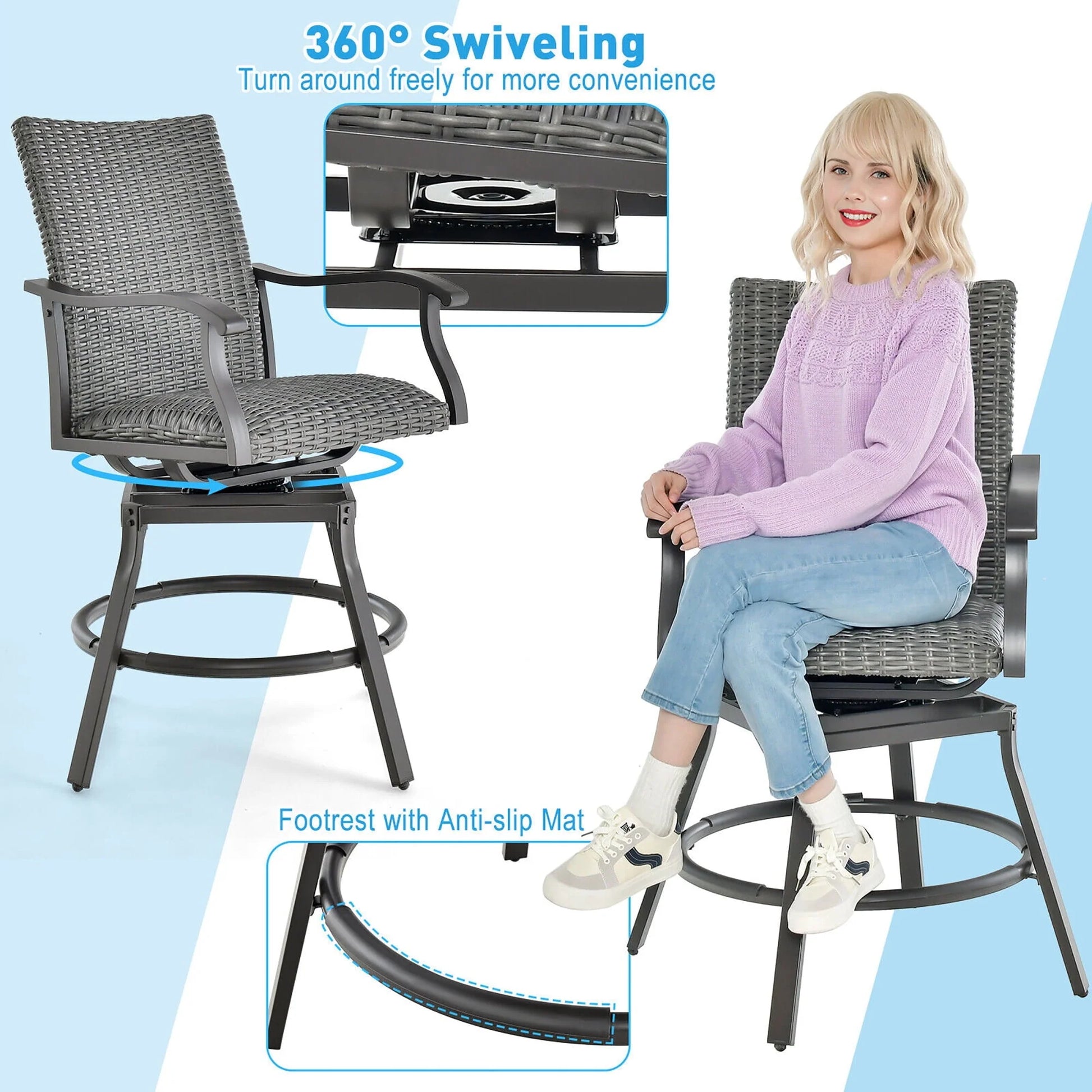 Gymax 2PCS Patio Wicker Aluminum 360° Swivel Bar Height Chairs W/4D Air Fiber Balcony