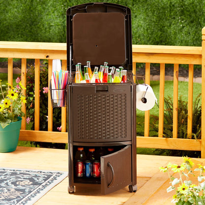 Suncast 77 Quart Patio Cooler w/Cabinet and Basket w/Wicker Trash Hideaway