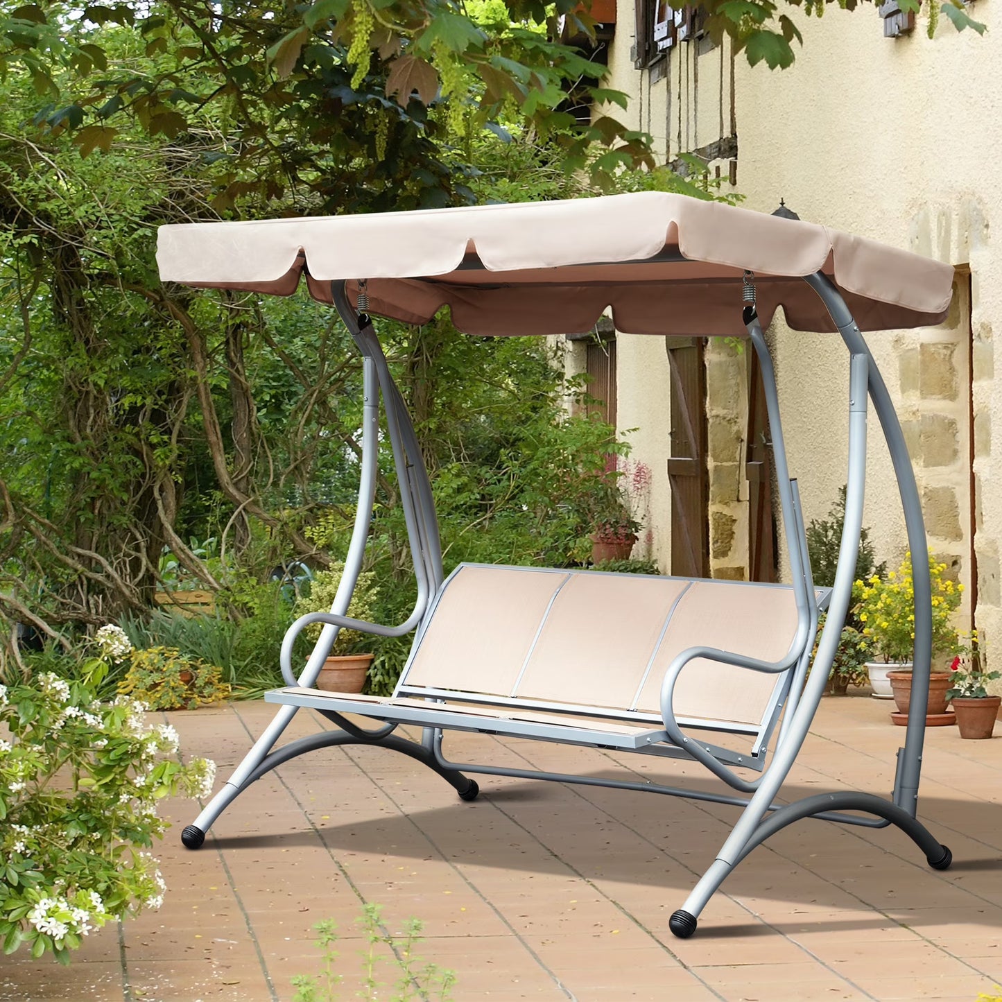 Outsunny 3 Person Patio Swing Seats, Porch Swing with Stand & Adjustable Canopy, Heavy Duty Outdoor Swing Chair Bench for Adults, Black