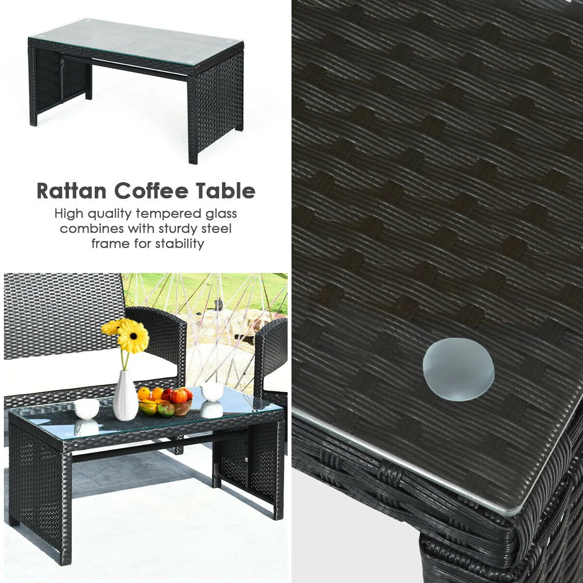 Costway 4PCS Patio Rattan Wicker Furniture Conversation Set Cushioned Sofa Table