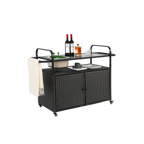 Yiweny Outdoor Rolling Wicker Bar Cart, Large Portable Outdoor Wicker Bar Table with Cabinet Storage and Glass Countertop, Patio Wicker Serving Bar Cart for Pool, Party, Backyard, Black