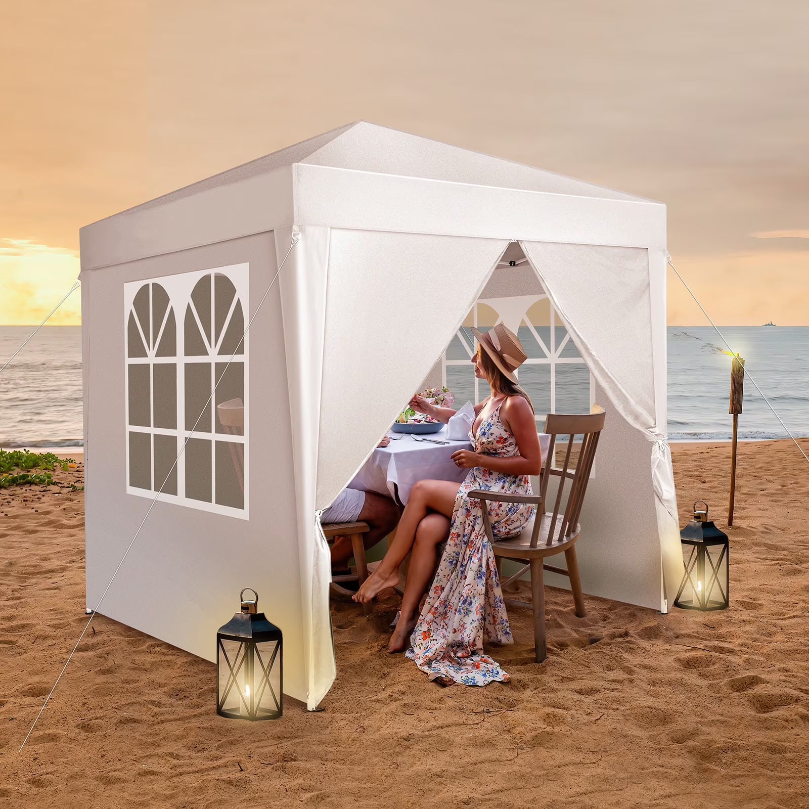 Outdoor Canopy Tent Pop Up with 4 Sidewalls 6.5x6.5 ft, Patio Portable Canopies Shelter Heavy Duty Straight Legs with Roller Bag, 8 Stakes, 4 Ropes, White