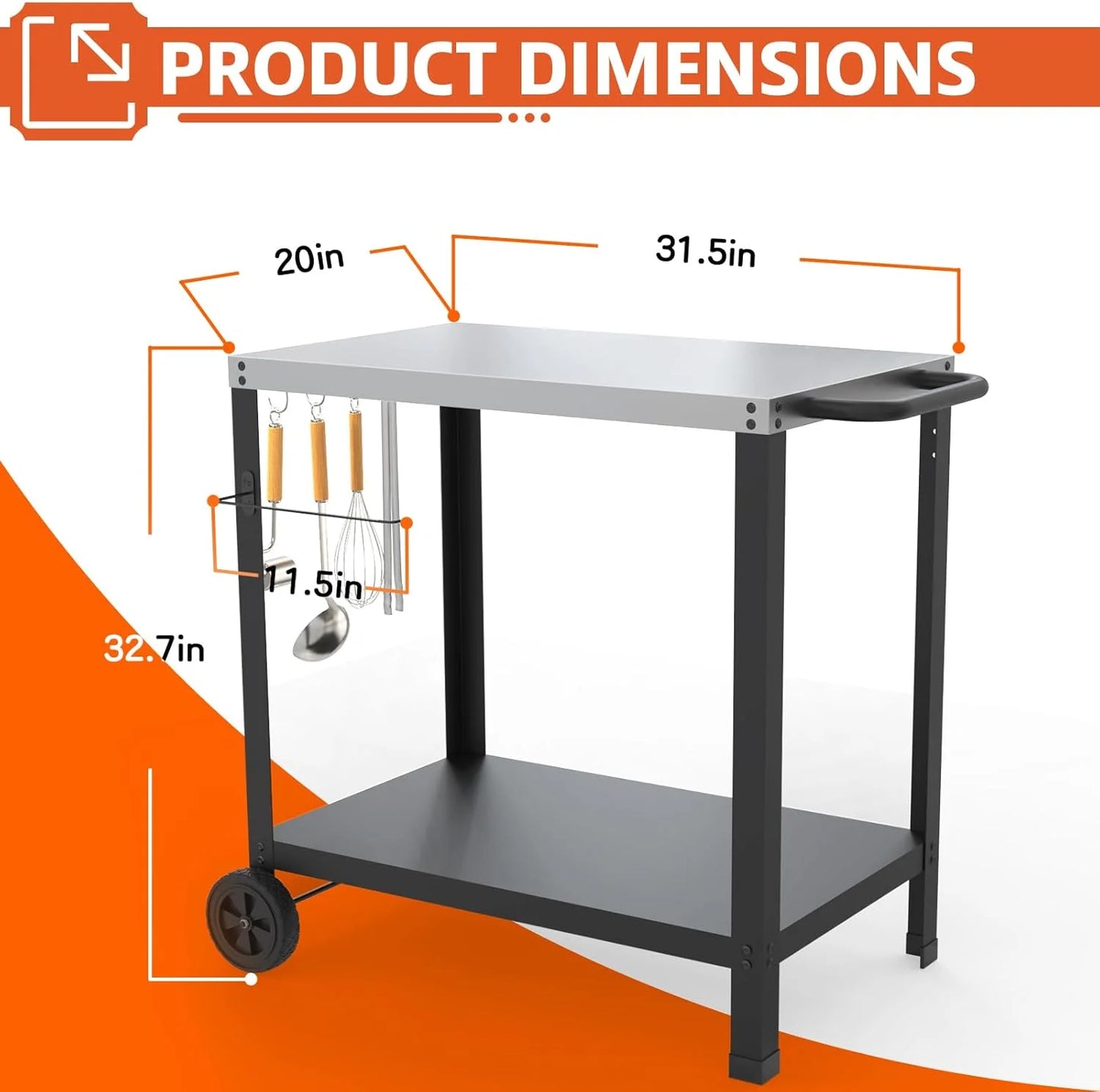 32x20IN Double-Shelve Grill Table, Stainless Steel Outdoor Grill Cart for Blackstone Griddle, Movable Pizza Oven Table for Outside Patio, Kitchen Cooking Food Prep Table for Party