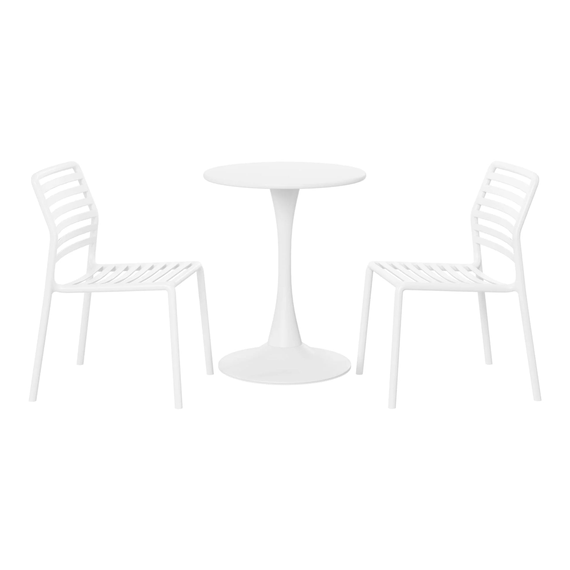WestinTrends Playa 3-Piece Outdoor Metal Round Dining Table Set With Stackable Resin Patio Dining Chairs, White
