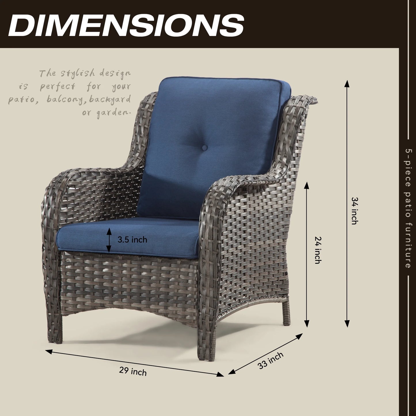 MeetLeisure 3 Pieces Outdoor Furniture Patio Furniture Set with One 3-Seat Sofa, Two ArmChairs, Navy