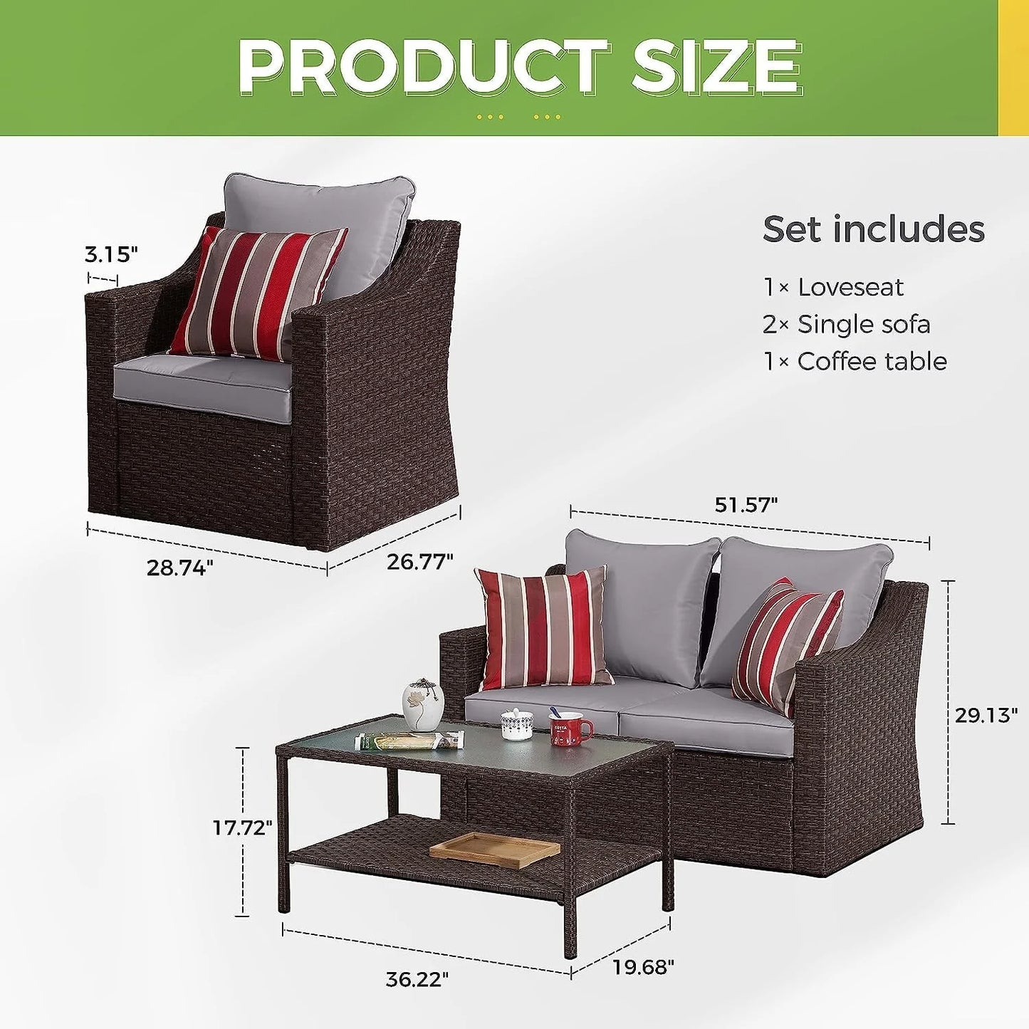 CozyHom 5 Pcs Outdoor Patio Wicker Furniture Sofa Set Clearance Sectional Conversation Couch Chair Sofa Set With Coffee Table, Grey