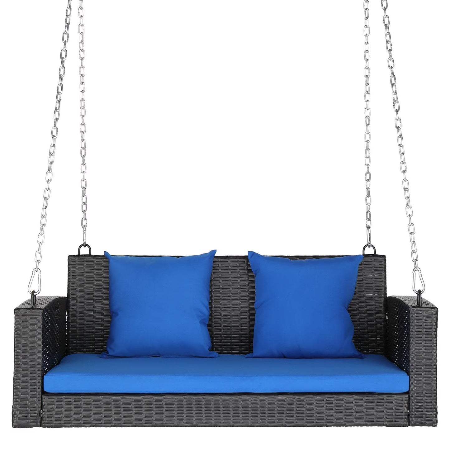 Zimtown Patio Rattn Wicker Swing, Outdoor Bench w/Blue Cushion, Outdoor Seat Garden Swing for 2 Person