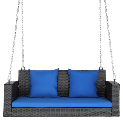 Zimtown Patio Rattn Wicker Swing, Outdoor Bench w/Blue Cushion, Outdoor Seat Garden Swing for 2 Person
