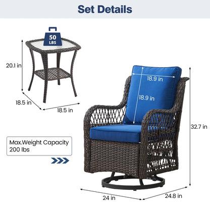Twister.CK 3 Pieces Patio Furniture Set, Outdoor Swivel Gliders Rocker, Wicker Patio Bistro Set with Rattan Rocking Chair, Glass Top Side Table and Thickened Cushions for Porch Deck Backyard