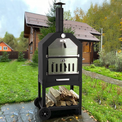 Outdoor Pizza Oven Wood Fired Pizza Oven Patio Portable Pizza Maker Cooking Grill with Wheels Waterproof Cover