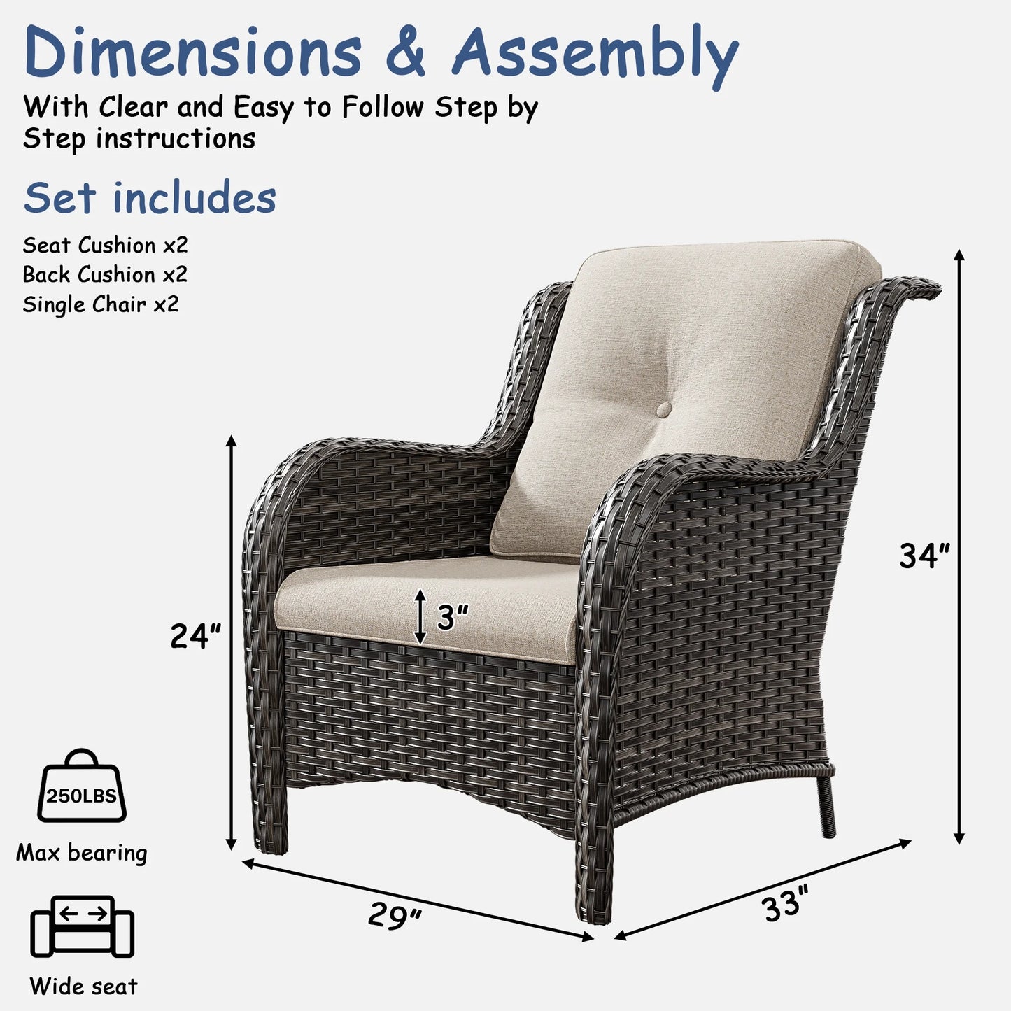 Meetleisure Patio Wicker Outdoor Lounge Chair with Cushion(Set of 2), Navy