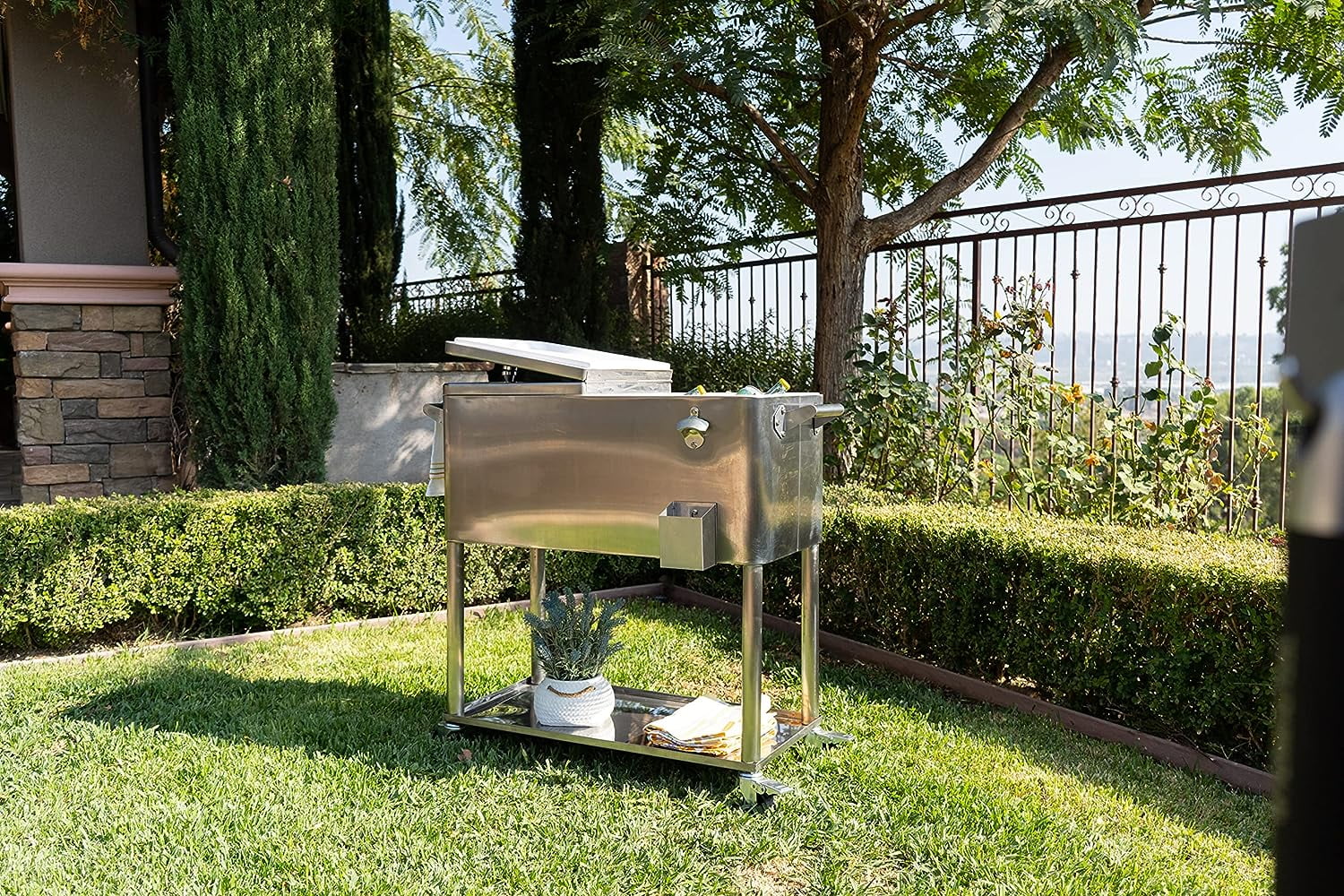 Permasteel PS-206-SS 80 Quart Rolling Patio Cooler with Bottom Tray, Stainless Steel