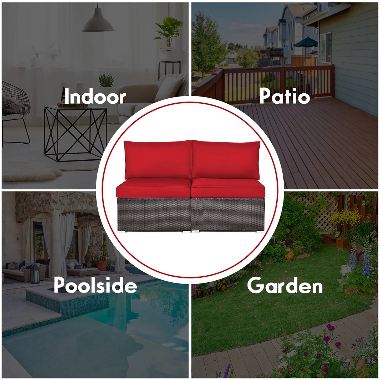 Costway 2PCS Patio Rattan Armless Sofa Sectional Conversation Furniture Set W/Cushion Red