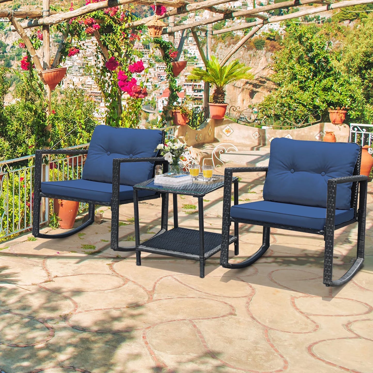 Gymax 3PCS Rattan Rocking Chair Table Set Patio Furniture Set w/Navy Cushions