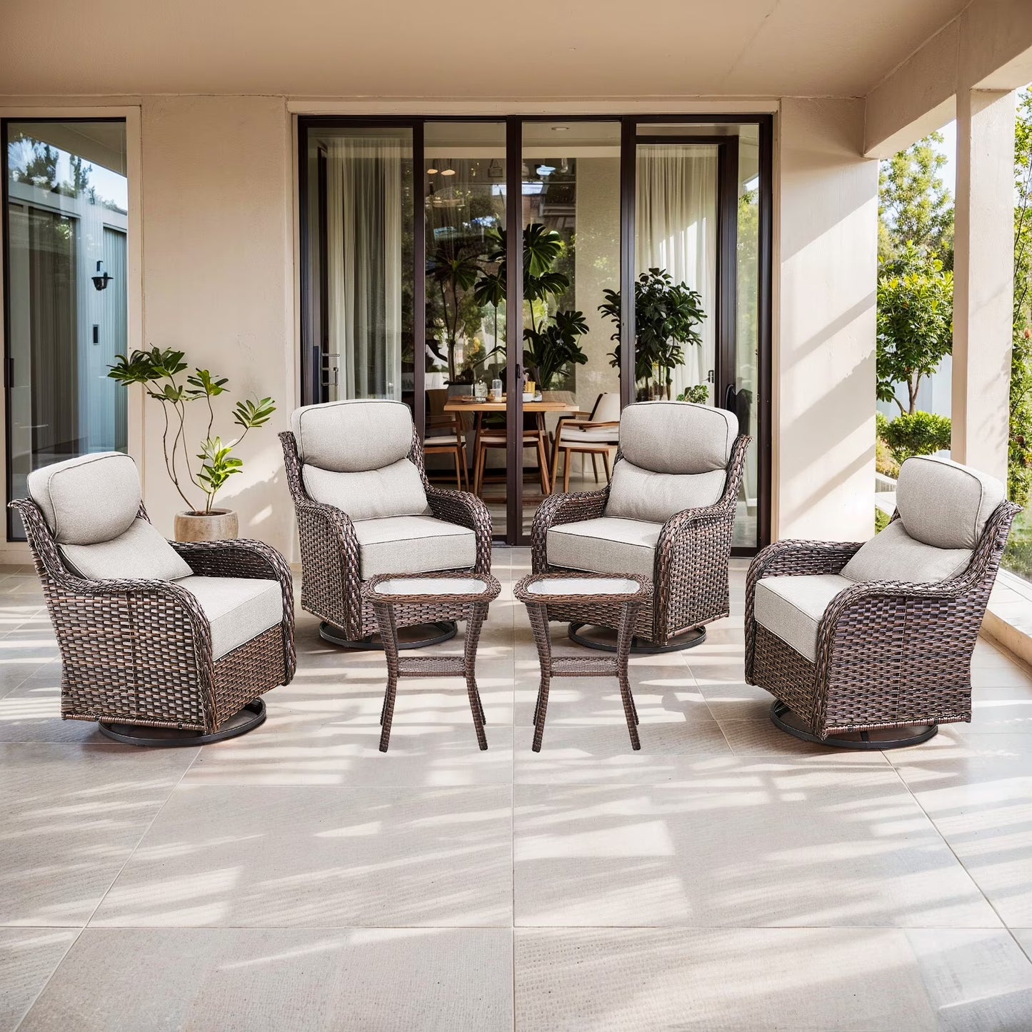 Bellefurn Luxury Outdoor Patio Furniture Set,Swivel Rocker Patio Chairs with 6-inch Thick Cushion,Patio Sofa and Glass Coffee Table,Outdoor Conversation Set for Porch, Deck, Yard