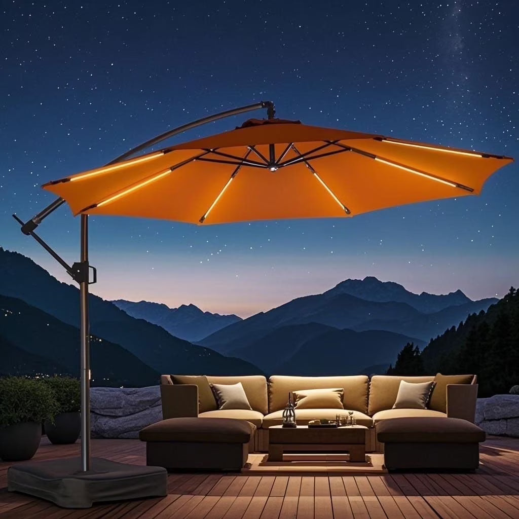 10ft Patio Umbrella Offset with Solar Light and Base,Offset Hanging Patio Outdoor Market Umbrella with Easy Tilt and Crank,for Yard,Garden,Home,Pool & Deck,Green
