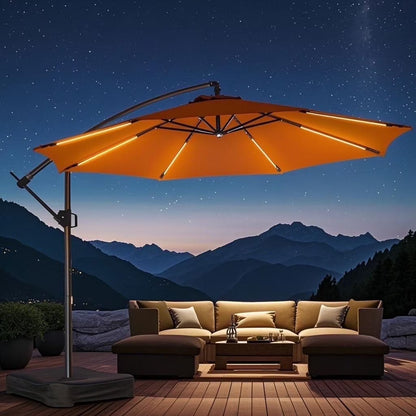 10ft Patio Umbrella Offset with Solar Light and Base,Offset Hanging Patio Outdoor Market Umbrella with Easy Tilt and Crank,for Yard,Garden,Home,Pool & Deck,Green