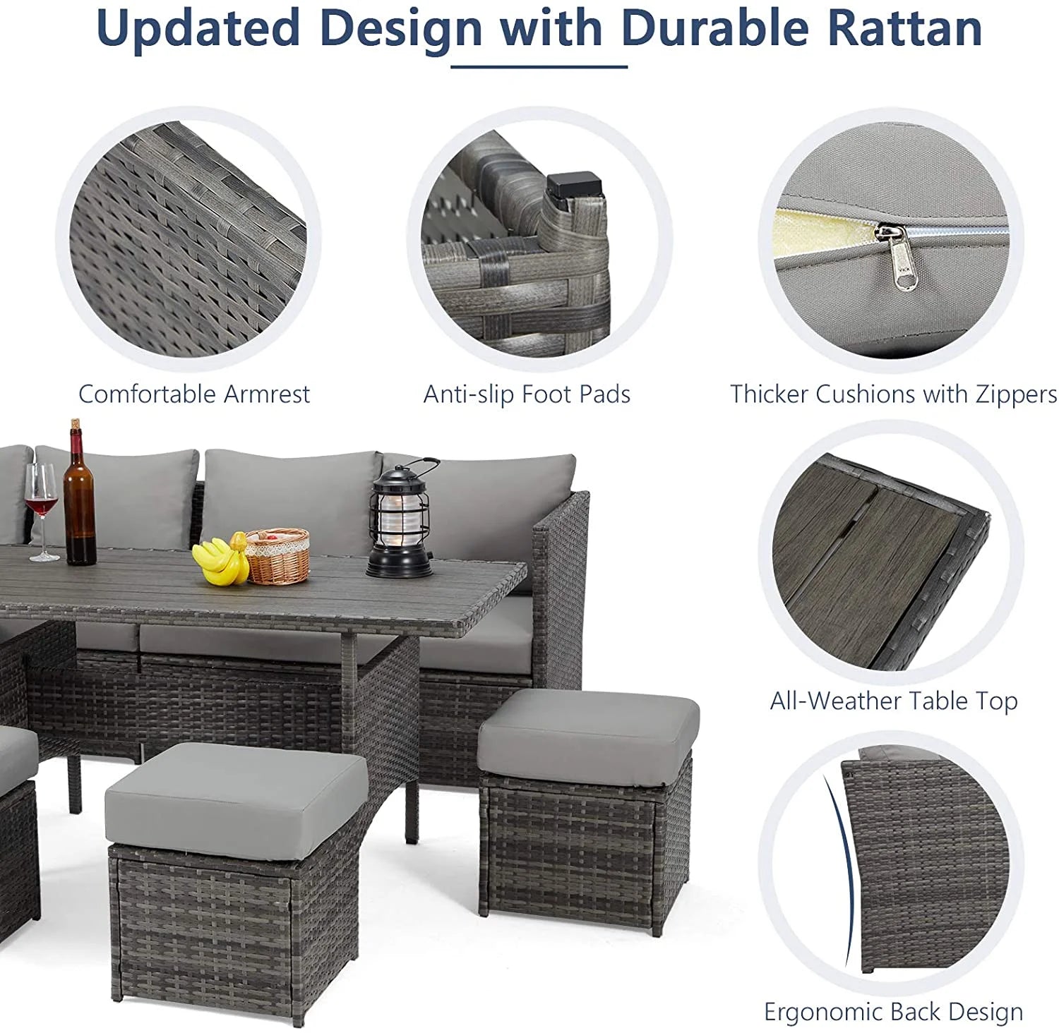 Danrelax 7-Piece Patio Conversation Set, Outdoor Sectional Sofa, PE Rattan Wicker Furniture, Steel Frame, Gray