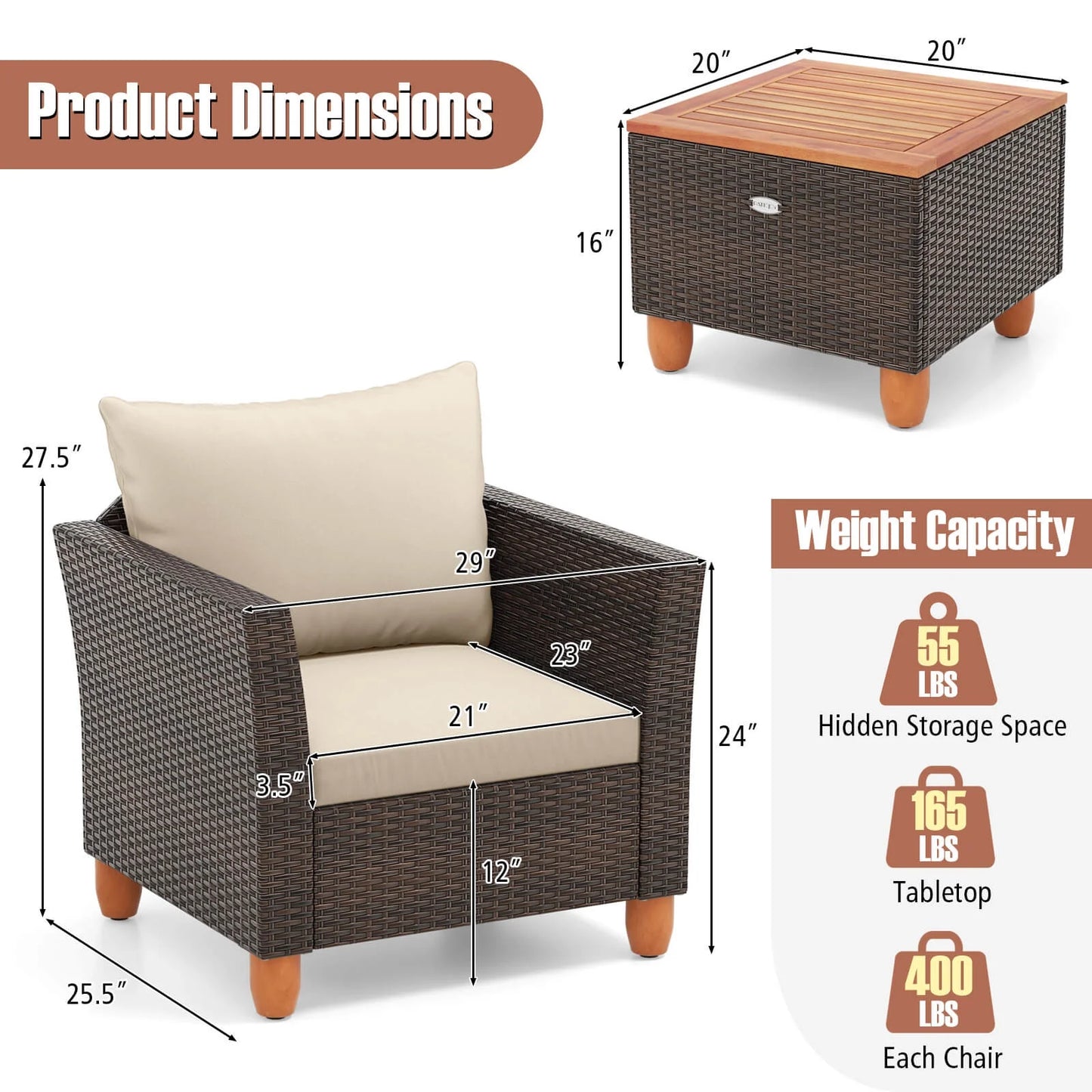 Costway 3PCS Patio Wicker Rattan Sofa Set Furniture Outdoor Acacia Wood Conversation Brown